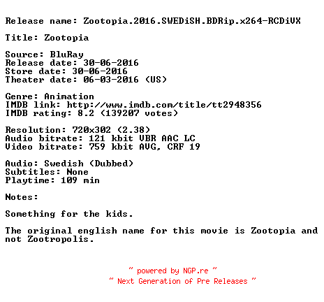 NFO for the release Zootopia.2016.SWEDiSH.BDRip.x264-RCDiVX by RCDiVX