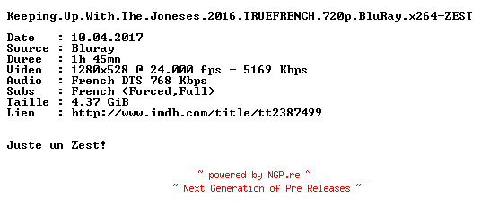 NFO for the release Keeping.Up.With.The.Joneses.2016.TRUEFRENCH.720p.BluRay.x264-ZEST by ZEST