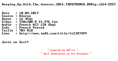 NFO for the release Keeping.Up.With.The.Joneses.2016.TRUEFRENCH.BDRip.x264-ZEST by ZEST