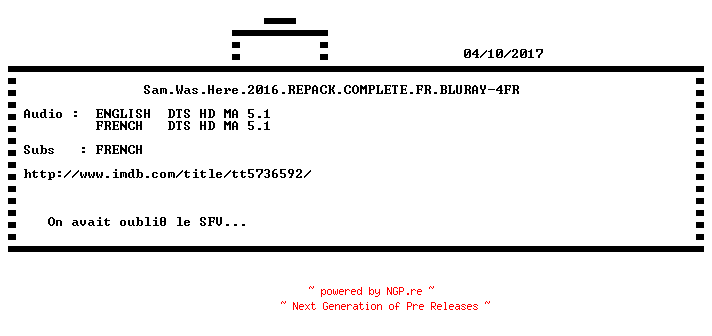 NFO for the release Sam.Was.Here.2016.REPACK.COMPLETE.FR.BLURAY-4FR by 4FR