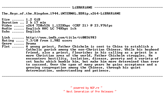 NFO for the release The.Keys.of.the.Kingdom.1944.iNTERNAL.BDRip.x264-LiBRARiANS by LiBRARiANS