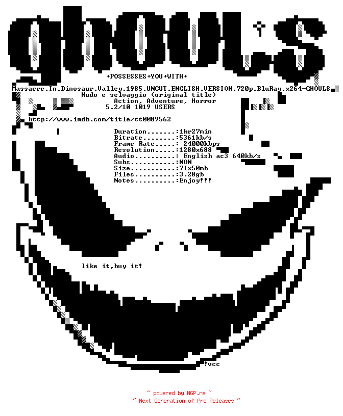 NFO for the release Massacre.In.Dinosaur.Valley.1985.UNCUT.ENGLISH.VERSION.720p.BluRay.x264-GHOULS by GHOULS