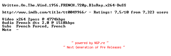NFO for the release Written.On.The.Wind.1956.FRENCH.720p.BluRay.x264-DuSS by DuSS