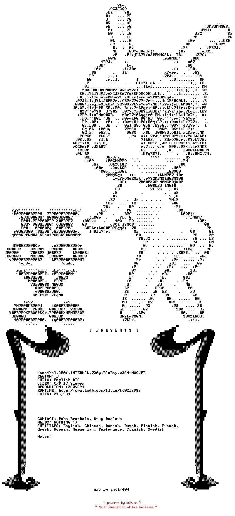 NFO for the release Hannibal.2001.iNTERNAL.720p.BluRay.x264-MOOVEE by MOOVEE