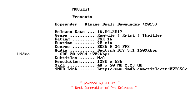 NFO for the release DopeUnder.Kleine.Deals.Downunder.2015.German.720p.BluRay.x264-MOViEiT by MOViEiT