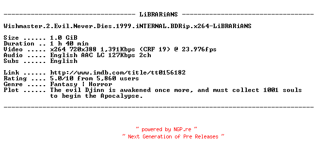 NFO for the release Wishmaster.2.Evil.Never.Dies.1999.iNTERNAL.BDRip.x264-LiBRARiANS by LiBRARiANS