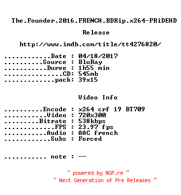 NFO for the release The.Founder.2016.FRENCH.BDRip.x264-PRiDEHD by PRiDEHD