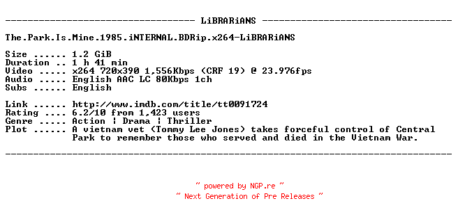 NFO for the release The.Park.Is.Mine.1985.iNTERNAL.BDRip.x264-LiBRARiANS by LiBRARiANS