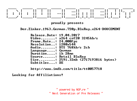 NFO for the release Der.Zinker.1963.German.720p.BluRay.x264-DOUCEMENT by DOUCEMENT