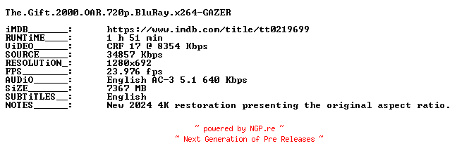 NFO for the release The.Gift.2000.OAR.720p.BluRay.x264-GAZER by GAZER