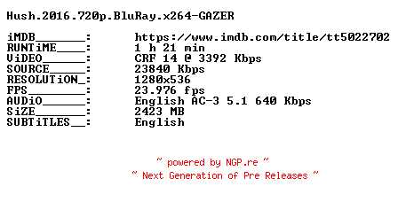 NFO for the release Hush.2016.720p.BluRay.x264-GAZER by GAZER