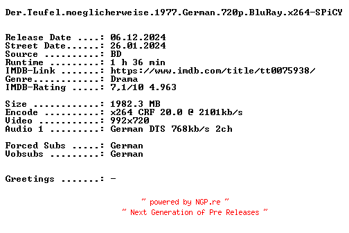 NFO for the release Der.Teufel.moeglicherweise.1977.German.720p.BluRay.x264-SPiCY by SPiCY
