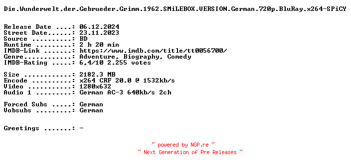 NFO for the release Die.Wunderwelt.der.Gebrueder.Grimm.1962.SMiLEBOX.VERSION.German.720p.BluRay.x264-SPiCY by SPiCY