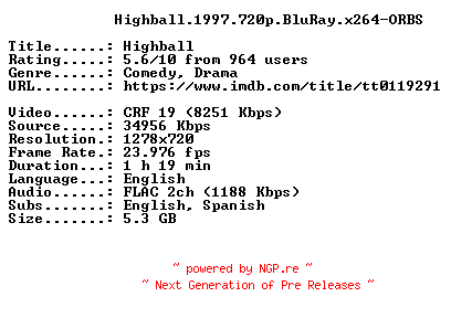 NFO for the release Highball.1997.720p.BluRay.x264-ORBS by ORBS