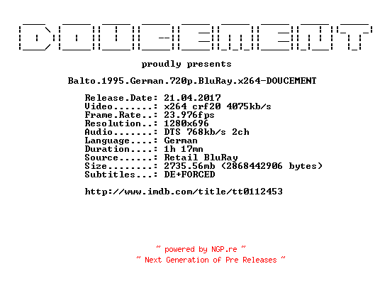 NFO for the release Balto.1995.German.720p.BluRay.x264-DOUCEMENT by DOUCEMENT