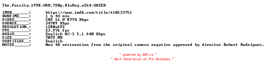 NFO for the release The.Faculty.1998.OAR.720p.BluRay.x264-GAZER by GAZER