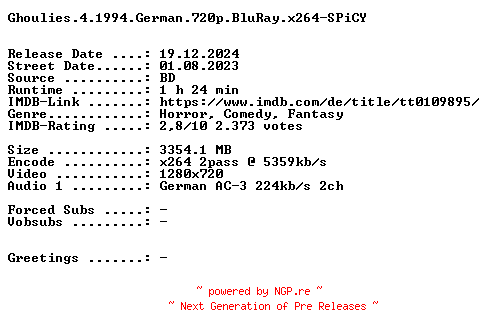 NFO for the release Ghoulies.4.1994.German.720p.BluRay.x264-SPiCY by SPiCY