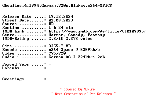 NFO for the release Ghoulies.4.1994.OM.German.720p.BluRay.x264-SPiCY by SPiCY
