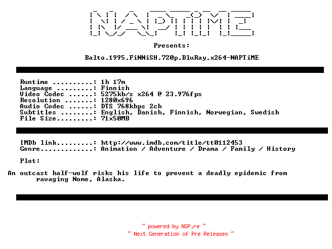 NFO for the release Balto.1995.FiNNiSH.720p.BluRay.x264-NAPTiME by NAPTiME