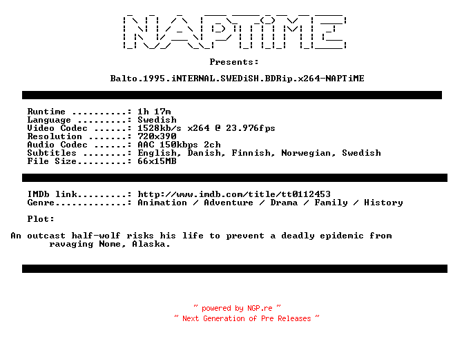 NFO for the release Balto.1995.iNTERNAL.SWEDiSH.BDRip.x264-NAPTiME by NAPTiME