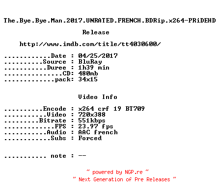 NFO for the release The.Bye.Bye.Man.2017.UNRATED.FRENCH.BDRip.x264-PRiDEHD by PRiDEHD