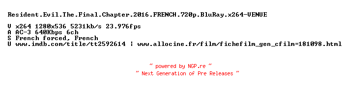 NFO for the release Resident.Evil.The.Final.Chapter.2016.FRENCH.720p.BluRay.x264-VENUE by VENUE