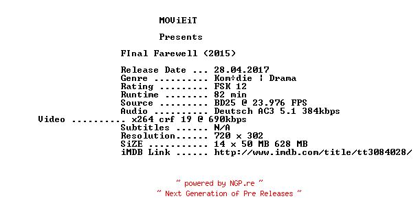 NFO for the release Final.Farewell.German.2015.AC3.BDRip.x264-MOViEiT by MOViEiT