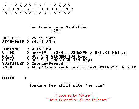 NFO for the release Das.Wunder.von.Manhattan.German.1994.DL.BDRiP.x264.iNTERNAL-FiSSiON by FiSSiON