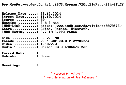NFO for the release Der.Grosse.aus.dem.Dunkeln.1973.German.720p.BluRay.x264-SPiCY by SPiCY