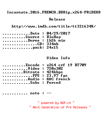 NFO for the release Incarnate.2016.FRENCH.BDRip.x264-PRiDEHD by PRiDEHD