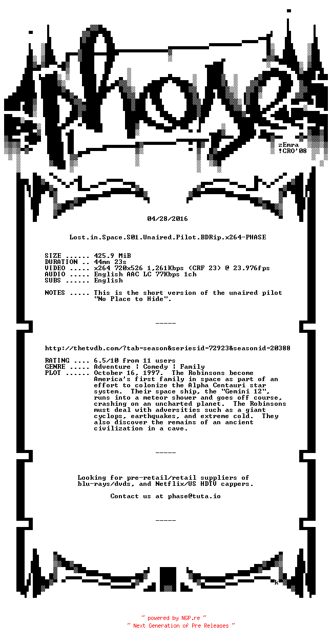 NFO for the release Lost.in.Space.S01.Unaired.Pilot.BDRip.x264-PHASE by PHASE