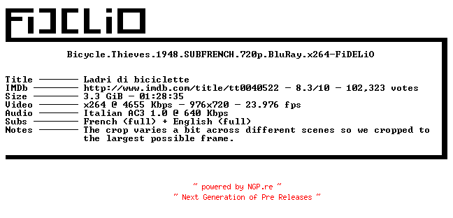 NFO for the release Bicycle.Thieves.1948.SUBFRENCH.720p.BluRay.x264-FiDELiO by FiDELiO