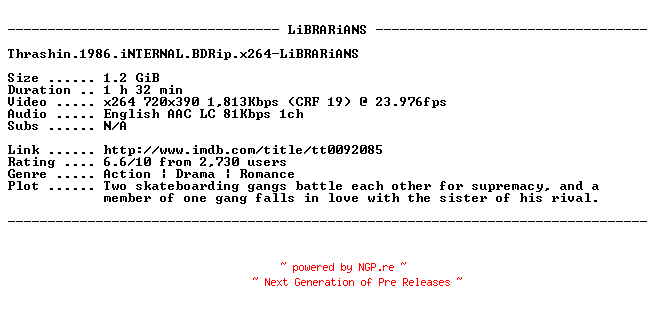 NFO for the release Thrashin.1986.iNTERNAL.BDRip.x264-LiBRARiANS by LiBRARiANS