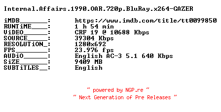 NFO for the release Internal.Affairs.1990.OAR.720p.BluRay.x264-GAZER by GAZER