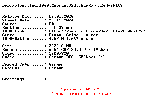 NFO for the release Der.heisse.Tod.1969.German.720p.BluRay.x264-SPiCY by SPiCY