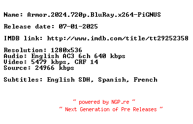NFO for the release Armor.2024.720p.BluRay.x264-PiGNUS by PiGNUS