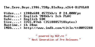 NFO for the release The.Zero.Boys.1986.720p.BluRay.x264-BiPOLAR by BiPOLAR