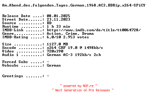 NFO for the release Am.Abend.des.folgenden.Tages.German.1968.AC3.BDRip.x264-SPiCY by SPiCY