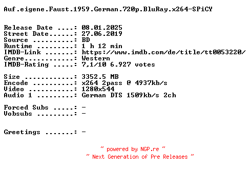 NFO for the release Auf.eigene.Faust.1959.German.720p.BluRay.x264-SPiCY by SPiCY