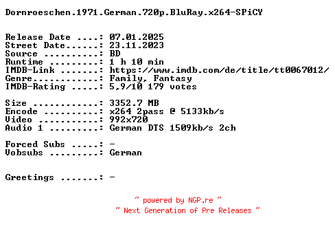 NFO for the release Dornroeschen.1971.German.720p.BluRay.x264-SPiCY by SPiCY