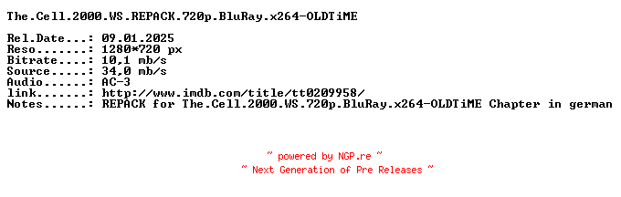 NFO for the release The.Cell.2000.WS.REPACK.720p.BluRay.x264-OLDTiME by OLDTiME