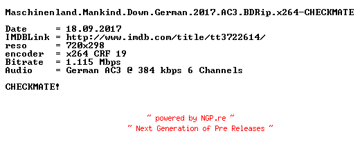 NFO for the release Maschinenland.Mankind.Down.German.2017.AC3.BDRip.x264-CHECKMATE by CHECKMATE