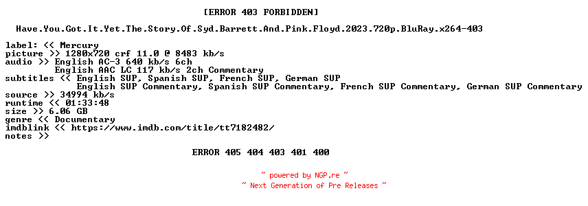 NFO for the release Have.You.Got.It.Yet.The.Story.Of.Syd.Barrett.And.Pink.Floyd.2023.720p.BluRay.x264-403 by 403