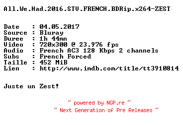 NFO for the release All.We.Had.2016.STV.FRENCH.BDRip.x264-ZEST by ZEST