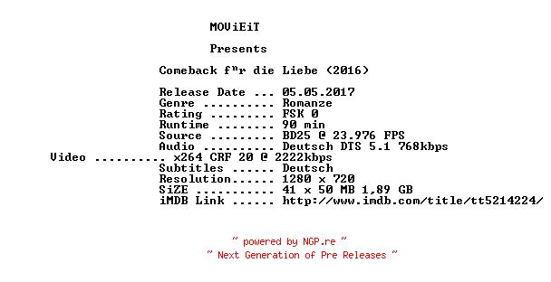 NFO for the release Comeback.fuer.die.Liebe.2016.German.720p.BluRay.x264-MOViEiT by MOViEiT