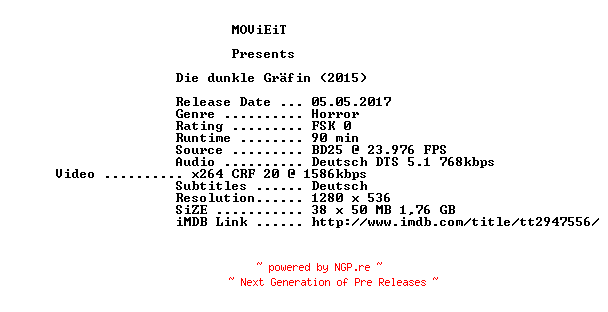 NFO for the release Die.dunkle.Graefin.2015.German.720p.BluRay.x264-MOViEiT by MOViEiT