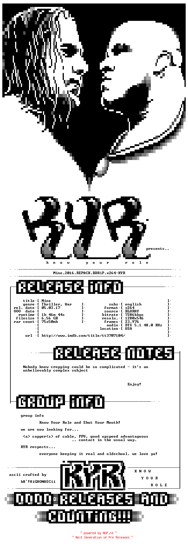 NFO for the release Mine.2016.REPACK.720p.Bluray.x264-KYR by KYR