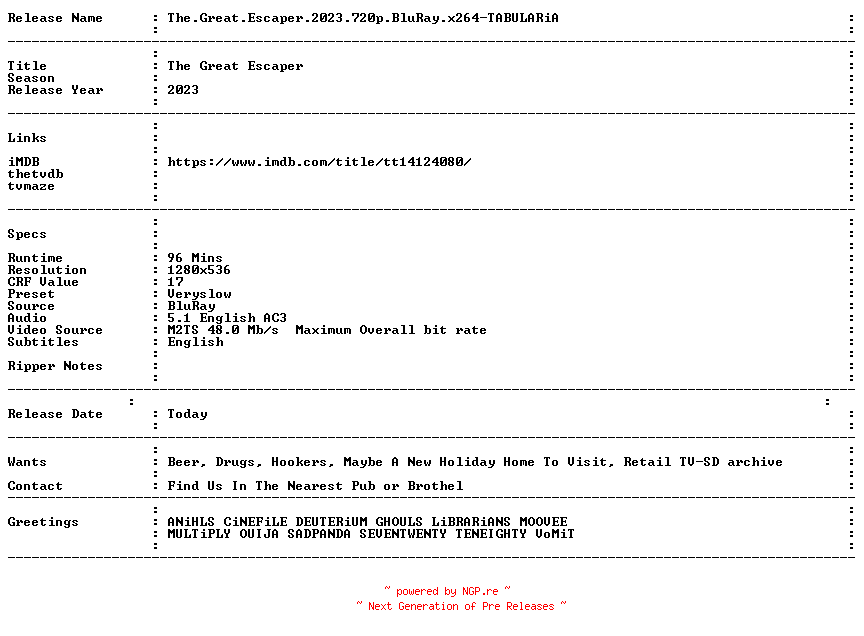 NFO for the release The.Great.Escaper.2023.720p.BluRay.x264-TABULARiA by TABULARiA