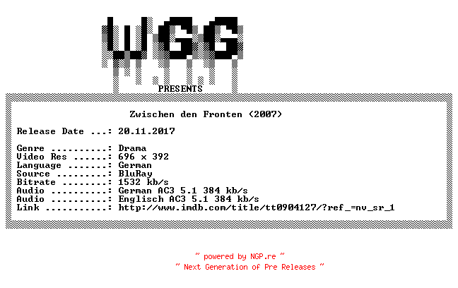 NFO for the release Zwischen.den.Fronten.2007.German.DL.BDRip.x264.iNTERNAL-WGG by WGG