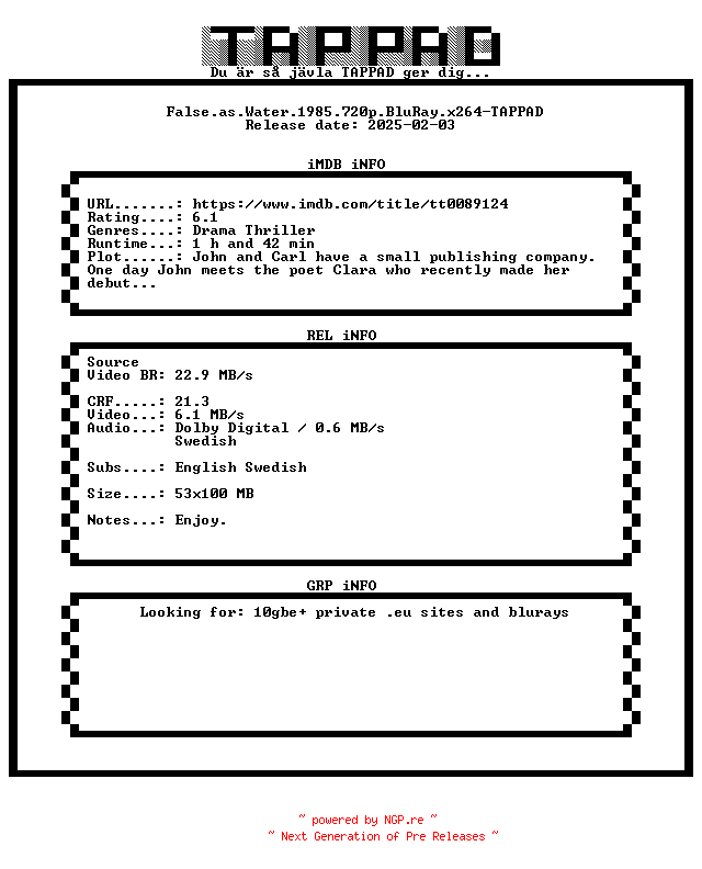 NFO for the release False.as.Water.1985.720p.BluRay.x264-TAPPAD by TAPPAD